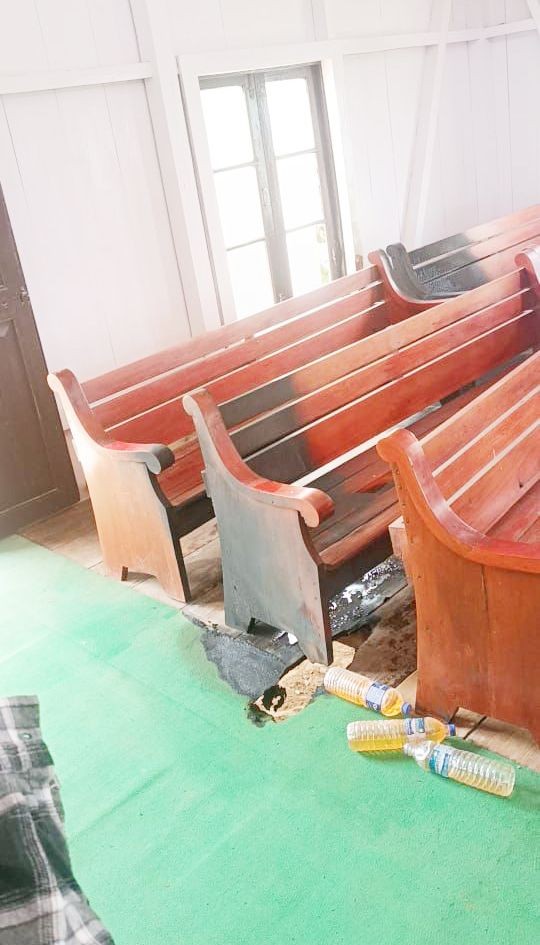 Plastic bottles filled with petrol found inside the Church in Kinunger village under Mokokchung district after attempts were made by unidentified person (s) to burn the religious building down. (Photo Source: WhatsApp)